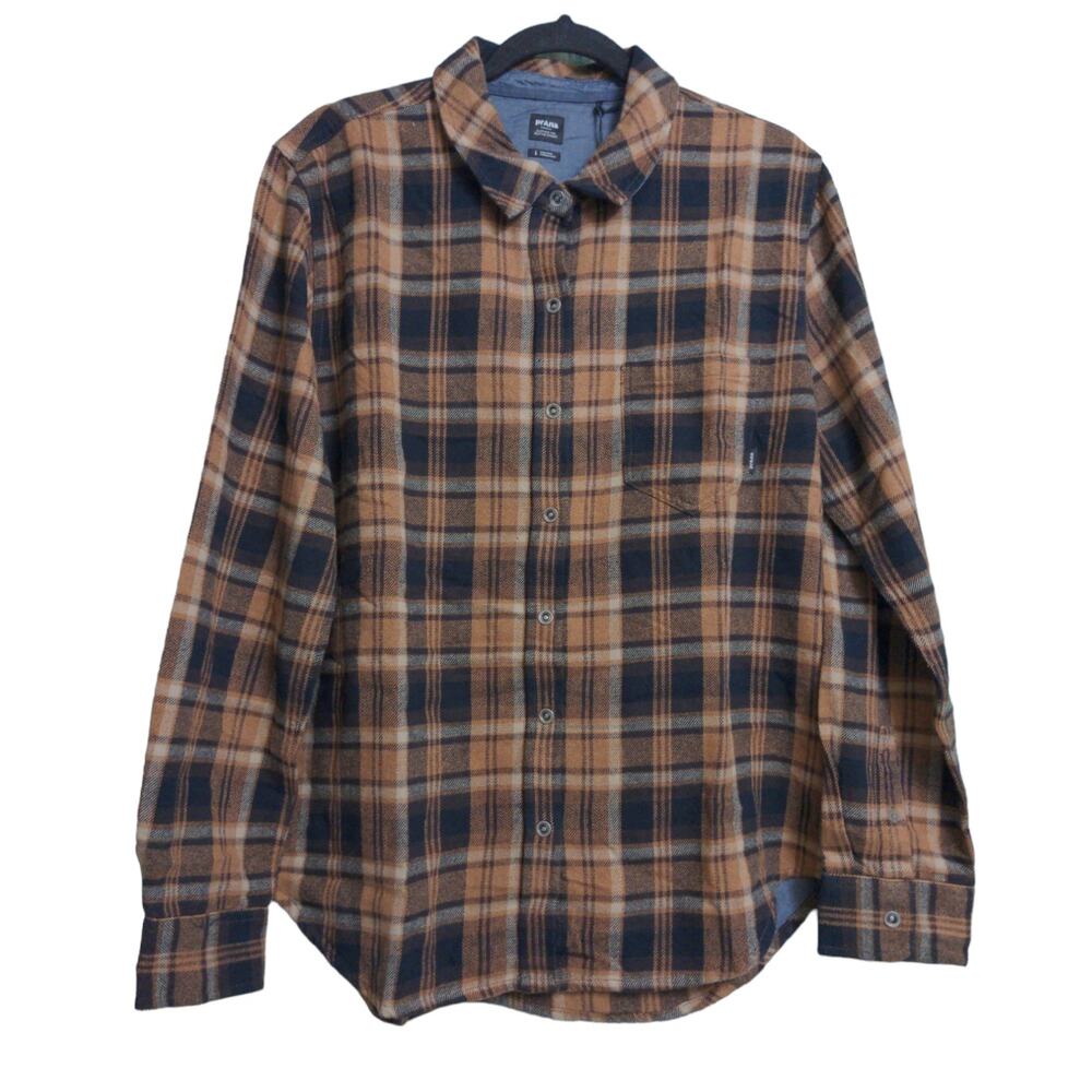 Prana Golden Canyon Flannel Sepia Plaid Layer Snap Front Pocket Organic L New